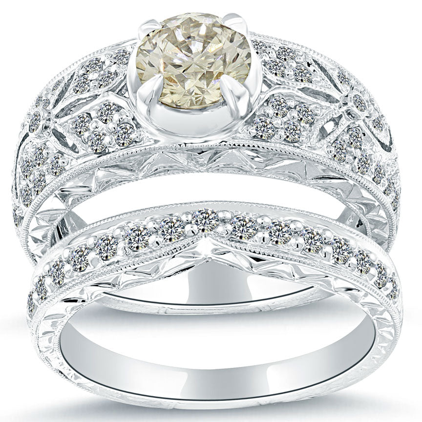 1.61 Carat K-VS2 Diamond Engagement Ring & Wedding Band Set 14k Vintage Style
