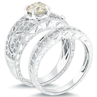 1.61 Carat K-VS2 Diamond Engagement Ring & Wedding Band Set 14k Vintage Style