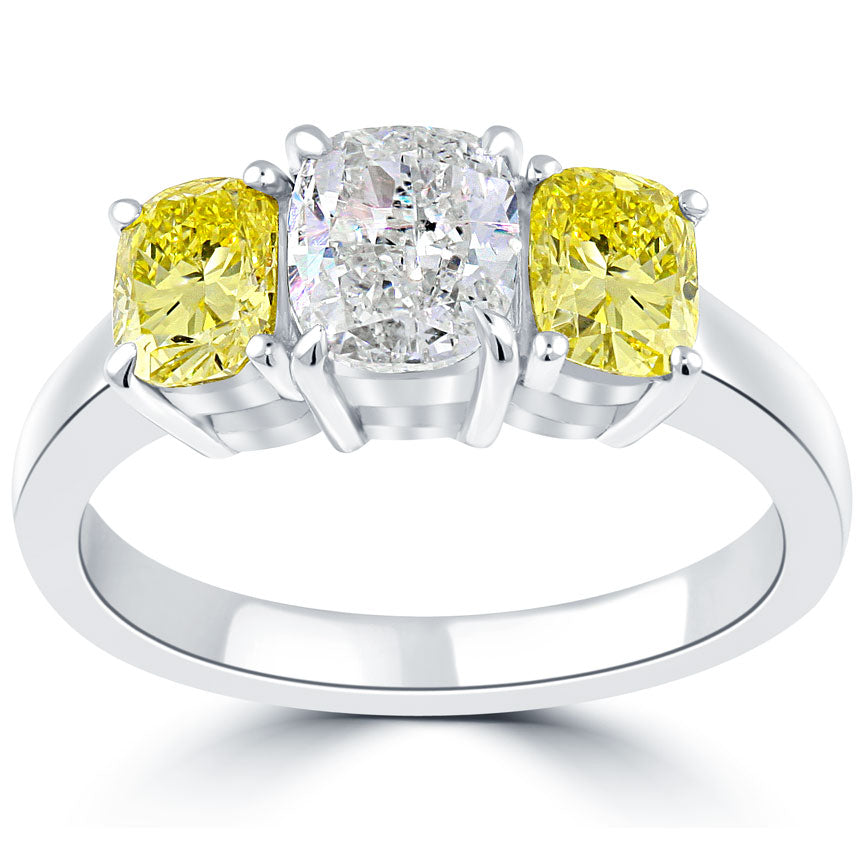 2.45 Carat Fancy Yellow & White Cushion Cut Three Stone Diamond Engagement Ring