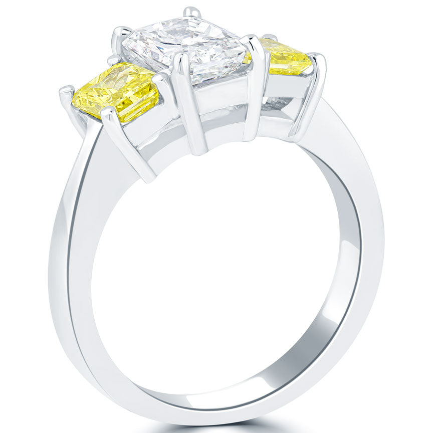 2.50 Carat Fancy Yellow & White Radiant Cut Three Stone Diamond Engagement Ring