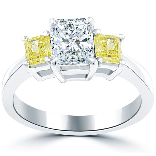 2.02 Carat Fancy Yellow & White Radiant Cut Three Stone Diamond Engagement Ring