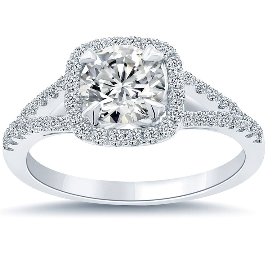 1.33 Carat D-SI1 Natural Round Diamond Engagement Ring 14k White Gold Pave Halo