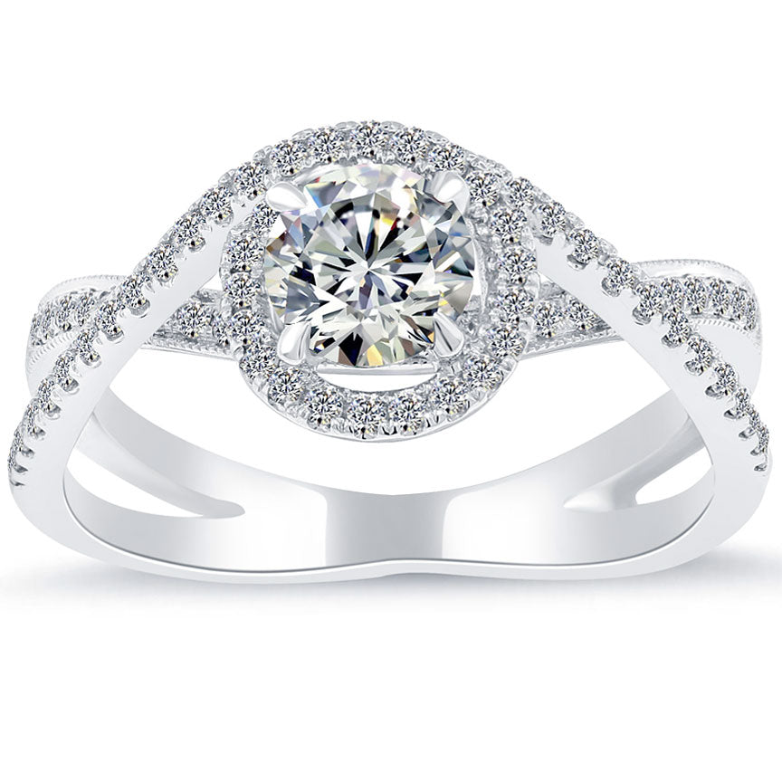 1.02 Carat E-SI1 Natural Round Diamond Engagement Ring 14k White Gold Pave Halo