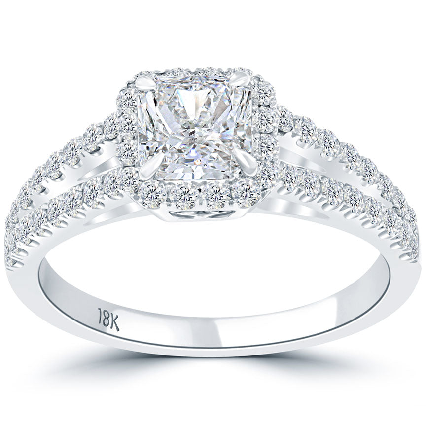 1.70 Carat F-VS2 Radiant Cut Diamond Engagement Ring 18k White Gold Pave Halo