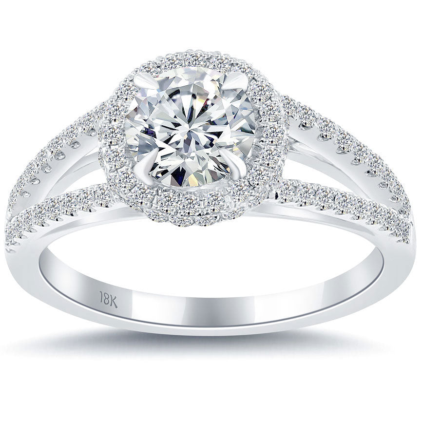 1.54 Carat G-SI1 Natural Round Diamond Engagement Ring 18k White Gold Pave Halo