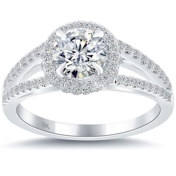 1.54 Carat G-SI1 Natural Round Diamond Engagement Ring 18k White Gold Pave Halo