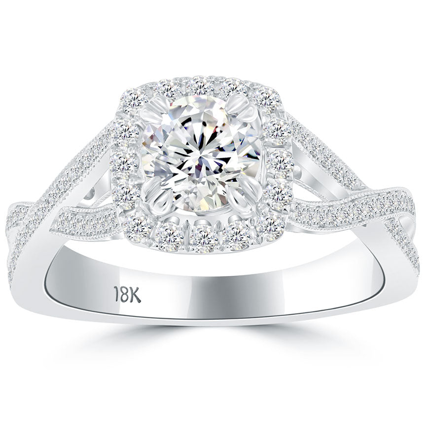 1.30 Carat D-SI2 Natural Round Diamond Engagement Ring 18k White Gold Pave Halo