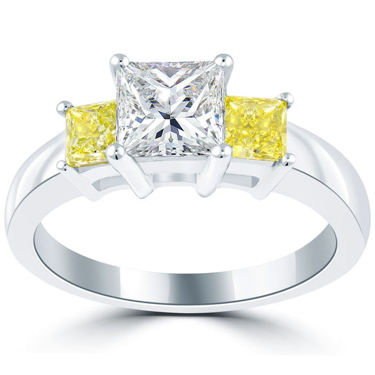 2.30 Ct. Fancy Yellow & White Princess Cut Three Stone Diamond Engagement Ring