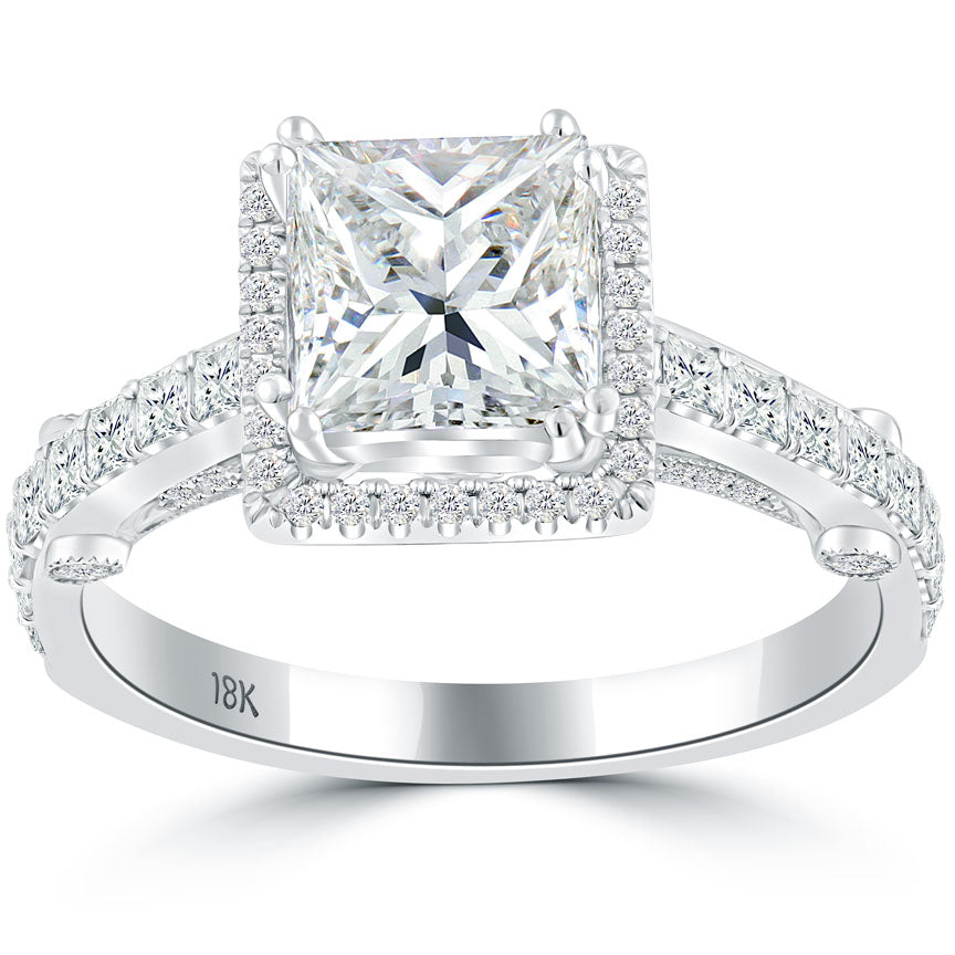 2.45 Carat F-SI3 Princess Cut Diamond Engagement Ring 18k White Gold Pave Halo