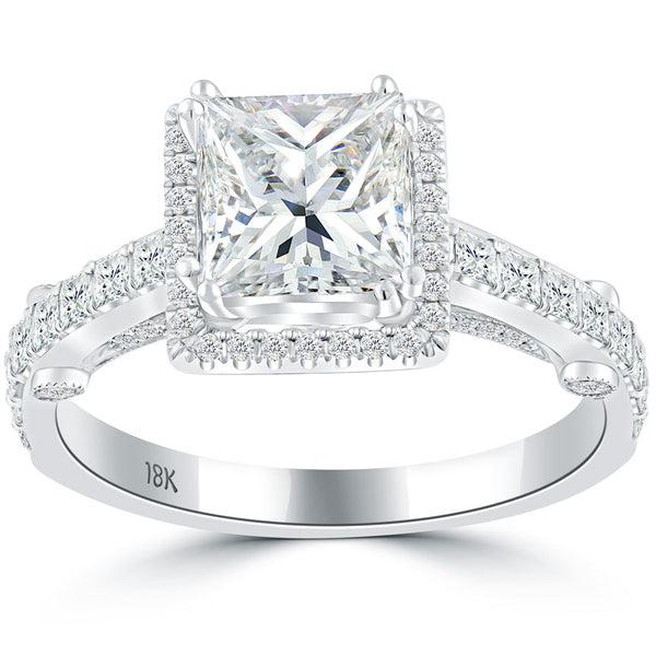 2.45 Carat F-SI3 Princess Cut Diamond Engagement Ring 18k White Gold Pave Halo