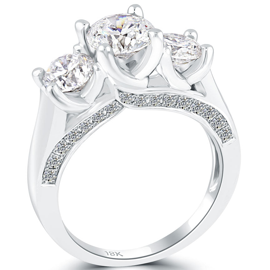 3.08 Carat E-SI1 Three Stone Natural Diamond Engagement Ring 18k White Gold