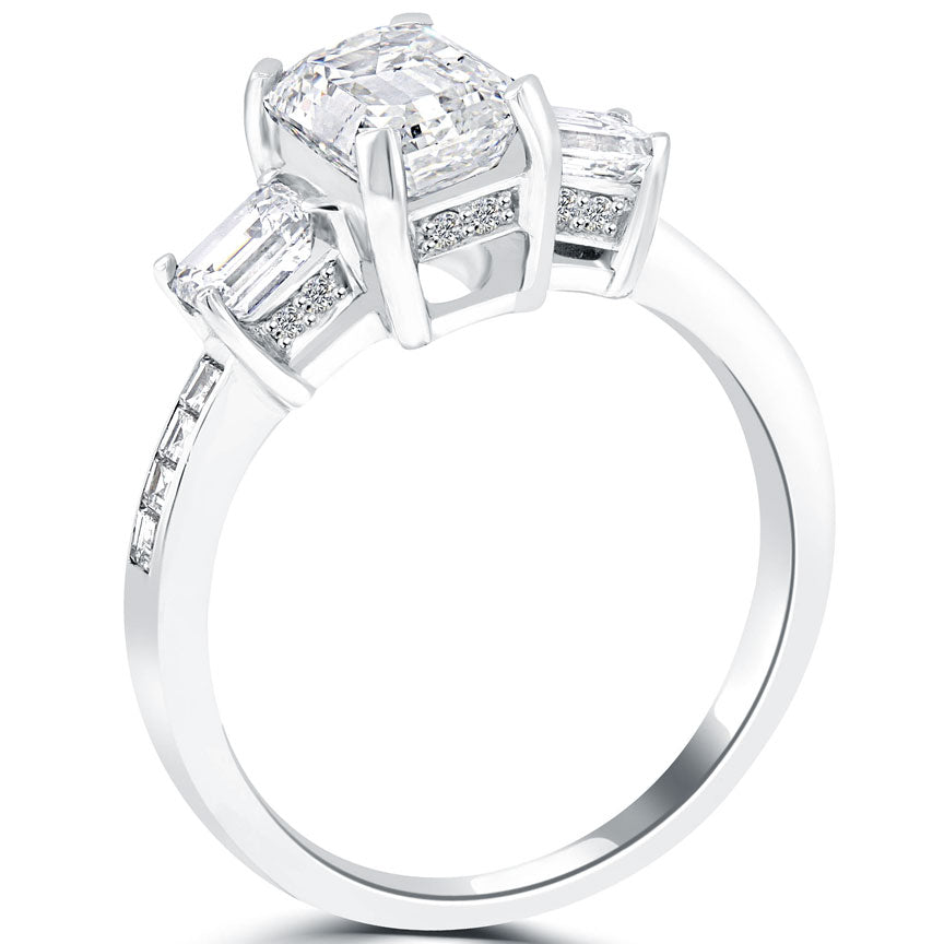3.08 Carat F-VS1 Emerald Cut Three Stone Diamond Engagement Ring Set In Platinum