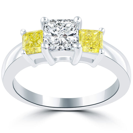 2.28 Carat Fancy Yellow & White Radiant Cut Three Stone Diamond Engagement Ring