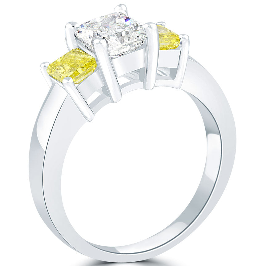 2.28 Carat Fancy Yellow & White Radiant Cut Three Stone Diamond Engagement Ring