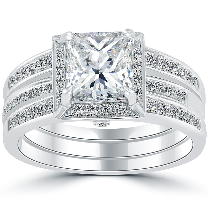 2.56 Carat H-SI2 Radiant Cut Natural Diamond Engagement Ring 18k Gold Pave Halo
