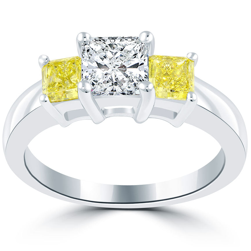 2.02 Carat Fancy Yellow & White Radiant Cut Three Stone Diamond Engagement Ring