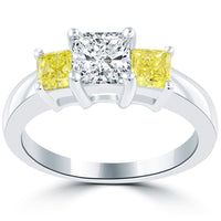 2.02 Carat Fancy Yellow & White Radiant Cut Three Stone Diamond Engagement Ring