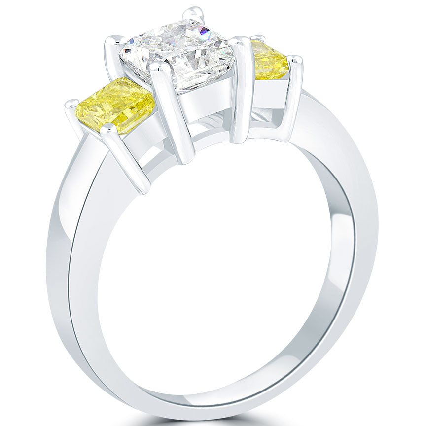 2.02 Carat Fancy Yellow & White Radiant Cut Three Stone Diamond Engagement Ring