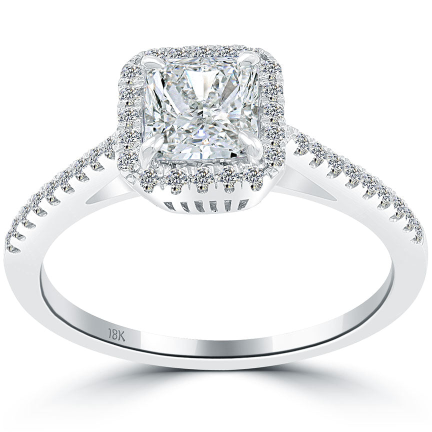 1.43 Carat G-VS1 Radiant Cut Natural Diamond Engagement Ring 18k Gold Pave Halo