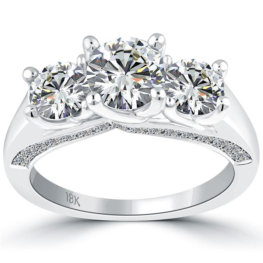 3.34 Carat E-SI2 Three Stone Natural Diamond Engagement Ring 18k White Gold