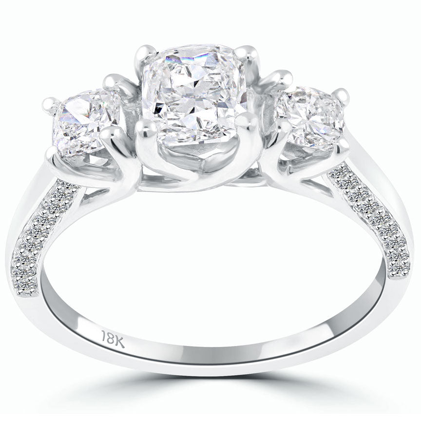 2.25 Carat F-VS1 Three Stone Cushion Cut Diamond Engagement Ring 18k White Gold