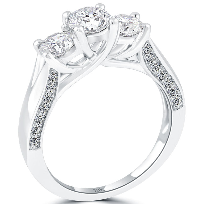 2.75 Carat F-VS2 Three Stone Natural Diamond Engagement Ring 18k White Gold