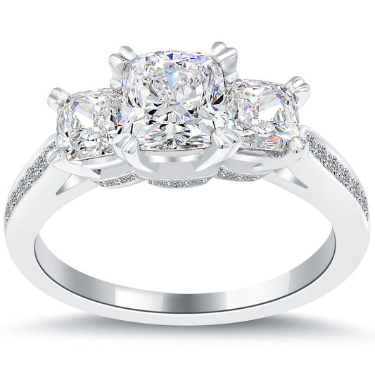 3.01 Ct. E-VVS2 Three Stone Cushion Cut Diamond Engagement Ring Set In Platinum