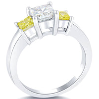 1.81 Carat Fancy Yellow & White Princess Cut Three Stone Diamond Engagement Ring Side