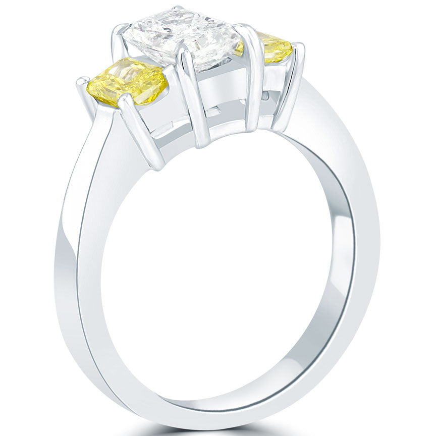 1.64 Carat Fancy Yellow & White Radiant Cut Three Stone Diamond Engagement Ring