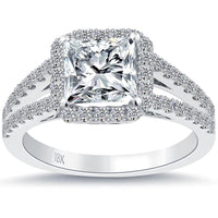 3.02 Carat G-SI3 Princess Cut Diamond Engagement Ring 18k White Gold Pave Halo