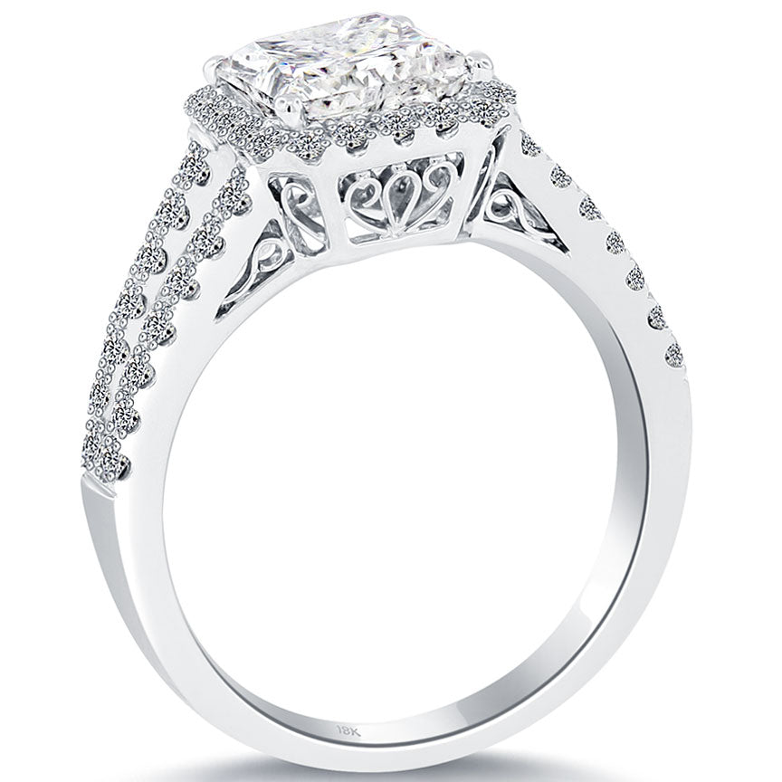3.02 Carat G-SI3 Princess Cut Diamond Engagement Ring 18k White Gold Pave Halo