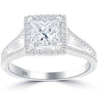 2.18 Carat E-SI3 Princess Cut Diamond Engagement Ring 18k White Gold Pave Halo