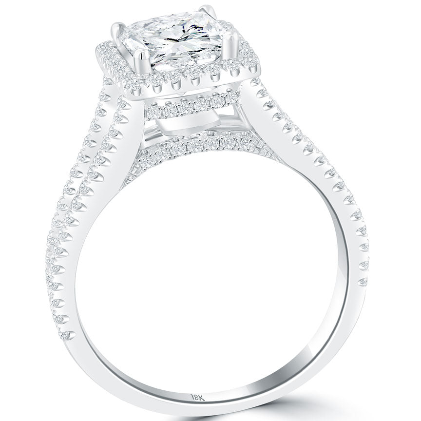 2.18 Carat E-SI3 Princess Cut Diamond Engagement Ring 18k White Gold Pave Halo