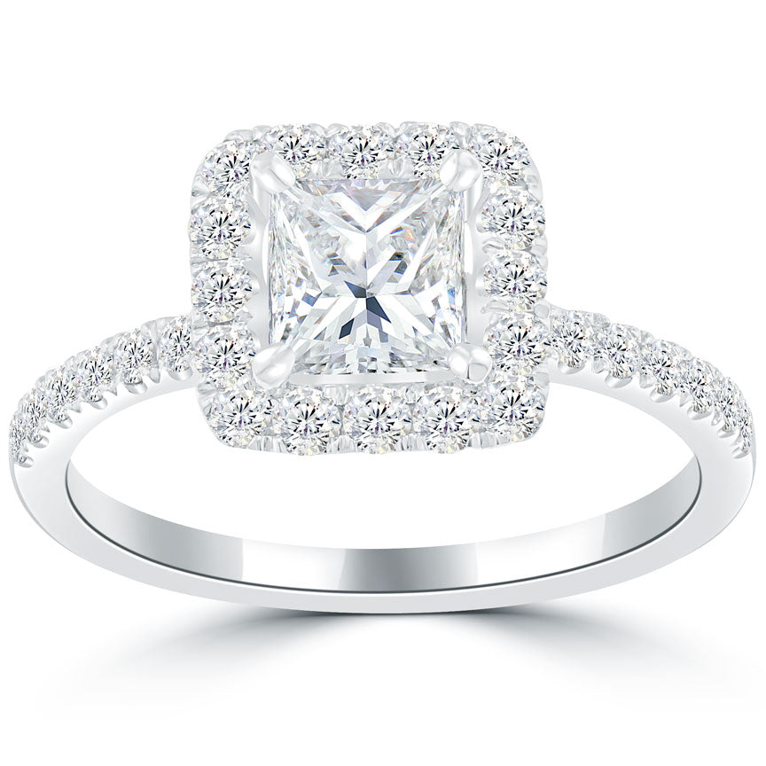 1.67 Carat E-VS2 Princess Cut Diamond Engagement Ring 14k White Gold Pave Halo