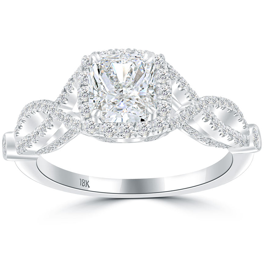 1.79 Carat D-SI1 Radiant Cut Diamond Engagement Ring 18k Pave Halo Vintage Style