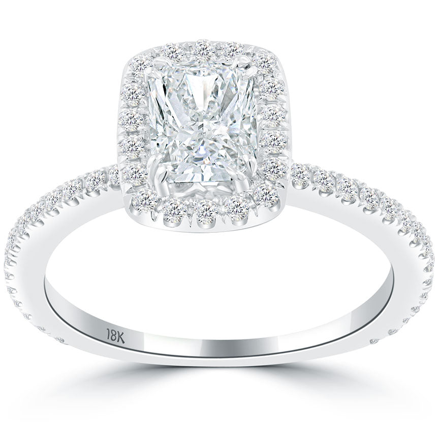 1.48 Carat G-VS1 Radiant Cut Natural Diamond Engagement Ring 18k Gold Pave Halo