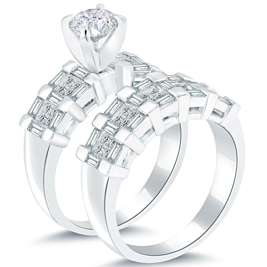 2.37 Carat E-VS1 Diamond Engagement Ring & Wedding Band Set 14k White Gold