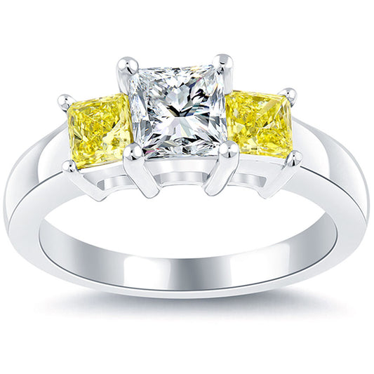 1.70 Carat Fancy Yellow & White Princess Cut Three Stone Diamond Engagement Ring