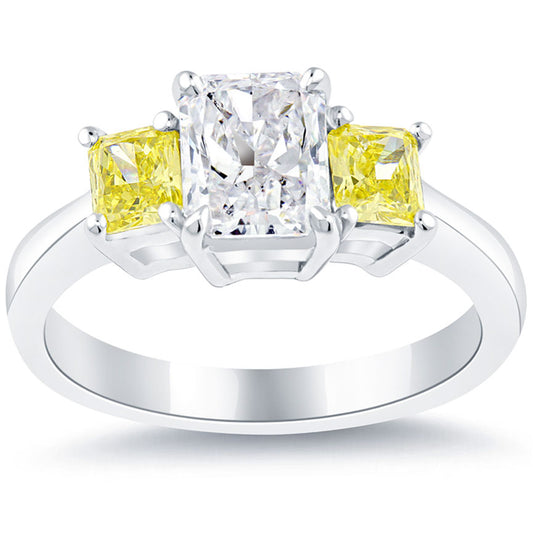 2.52 Carat Fancy Yellow & White Radiant Cut Three Stone Diamond Engagement Ring