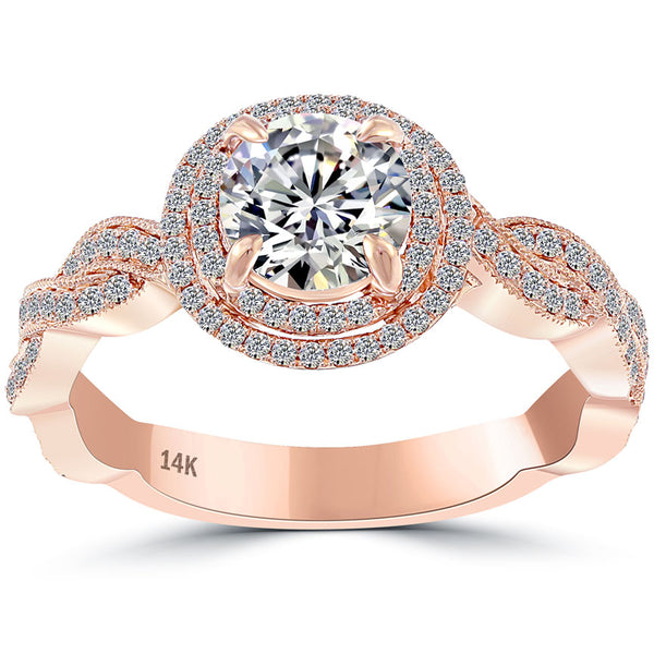 1.56 Carat E-VS2 Round Diamond Engagement Ring 14k Rose Gold Vintage Style