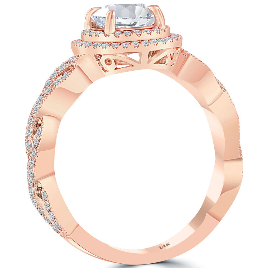 1.56 Carat E-VS2 Round Diamond Engagement Ring 14k Rose Gold Vintage Style