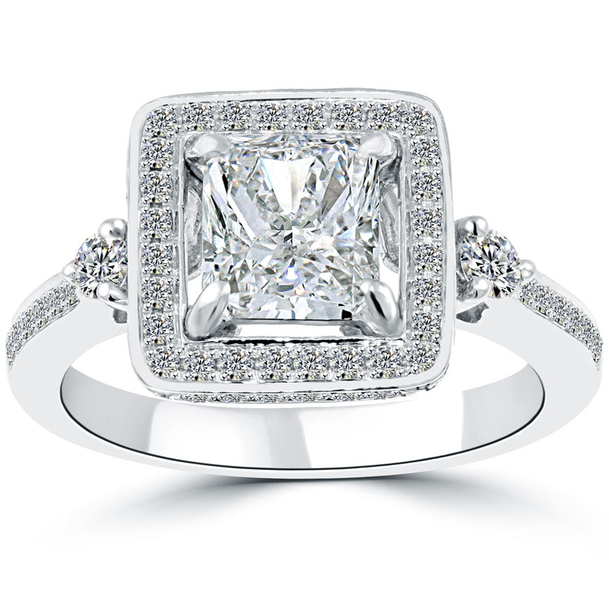 2.05 Carat D-VS1 Radiant Cut Natural Diamond Engagement Ring 14k Gold Pave Halo