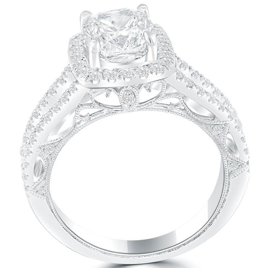 2.40 Carat G-SI1 Cushion Cut Diamond Engagement Ring 18k Pave Halo Vintage Style