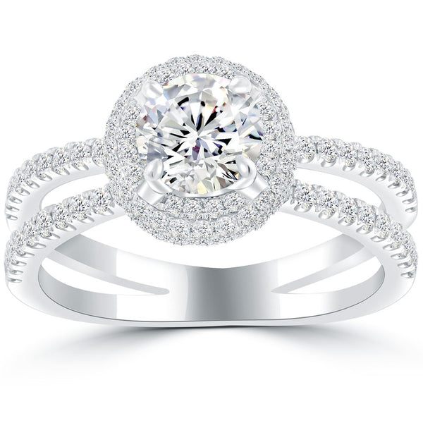 2.06 Carat D-SI1 Natural Round Diamond Engagement Ring 18k White Gold Pave Halo