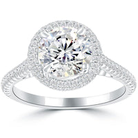 2.62 Carat E-SI1 Natural Round Diamond Engagement Ring 18k White Gold Pave Halo