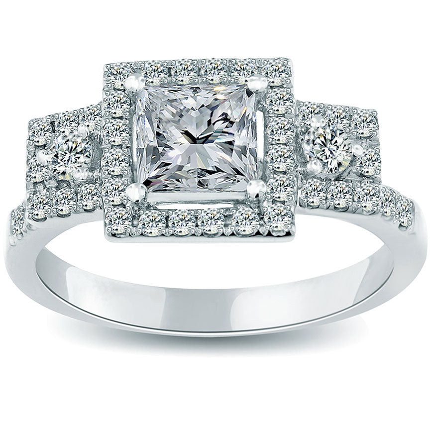 1.76 Carat E-VS2 Three Stone Princess Cut Diamond Engagement Ring 14k White Gold