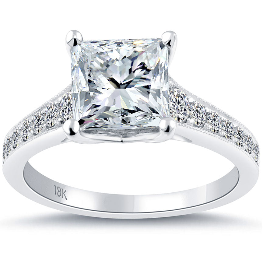 3.27 Carat G-SI1 Certified Princess Cut Diamond Engagement Ring 18k White Gold