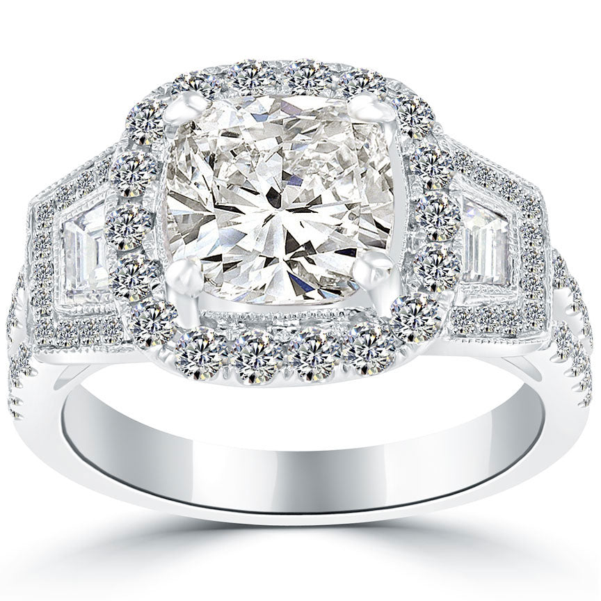 3.56 Carat J-SI1 Cushion Cut Natural Diamond Engagement Ring 14k Vintage Style