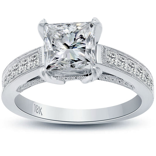 2.86 Carat E-SI1 Certified Princess Cut Diamond Engagement Ring 18k White Gold