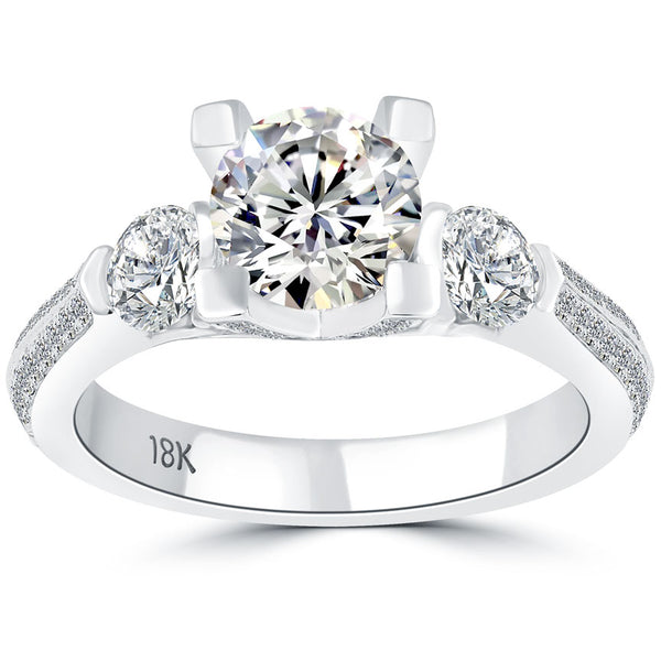 2.71 Carat F-SI1 Three Stone Natural Diamond Engagement Ring 18k White Gold
